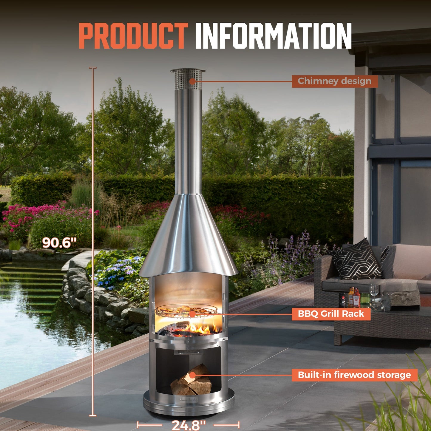 Twin-Walled Stainless Steel Chiminea (90.6") - Wood Burning