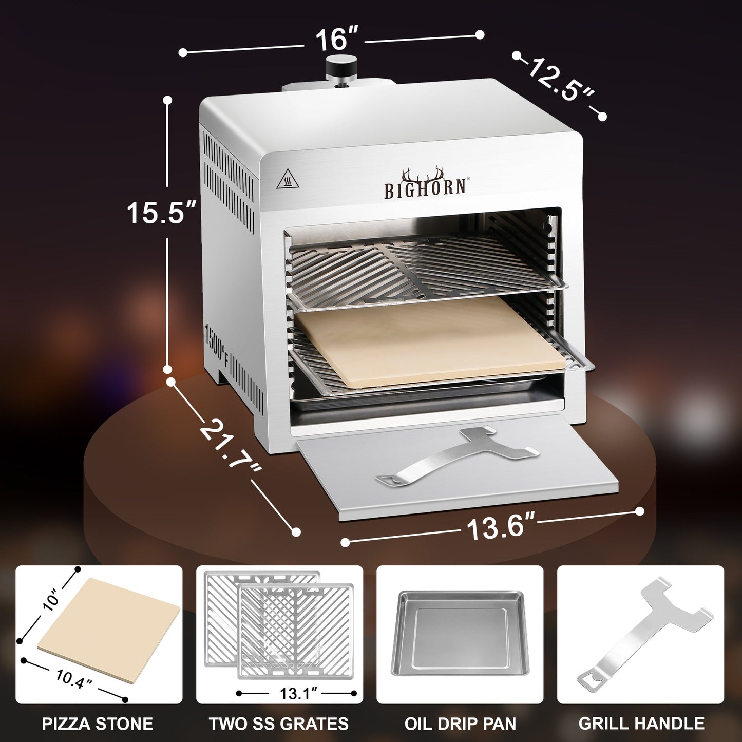 Portable Propane Infrared Steak Grill (16") - Includes Pizza Stone, Stainless Steel