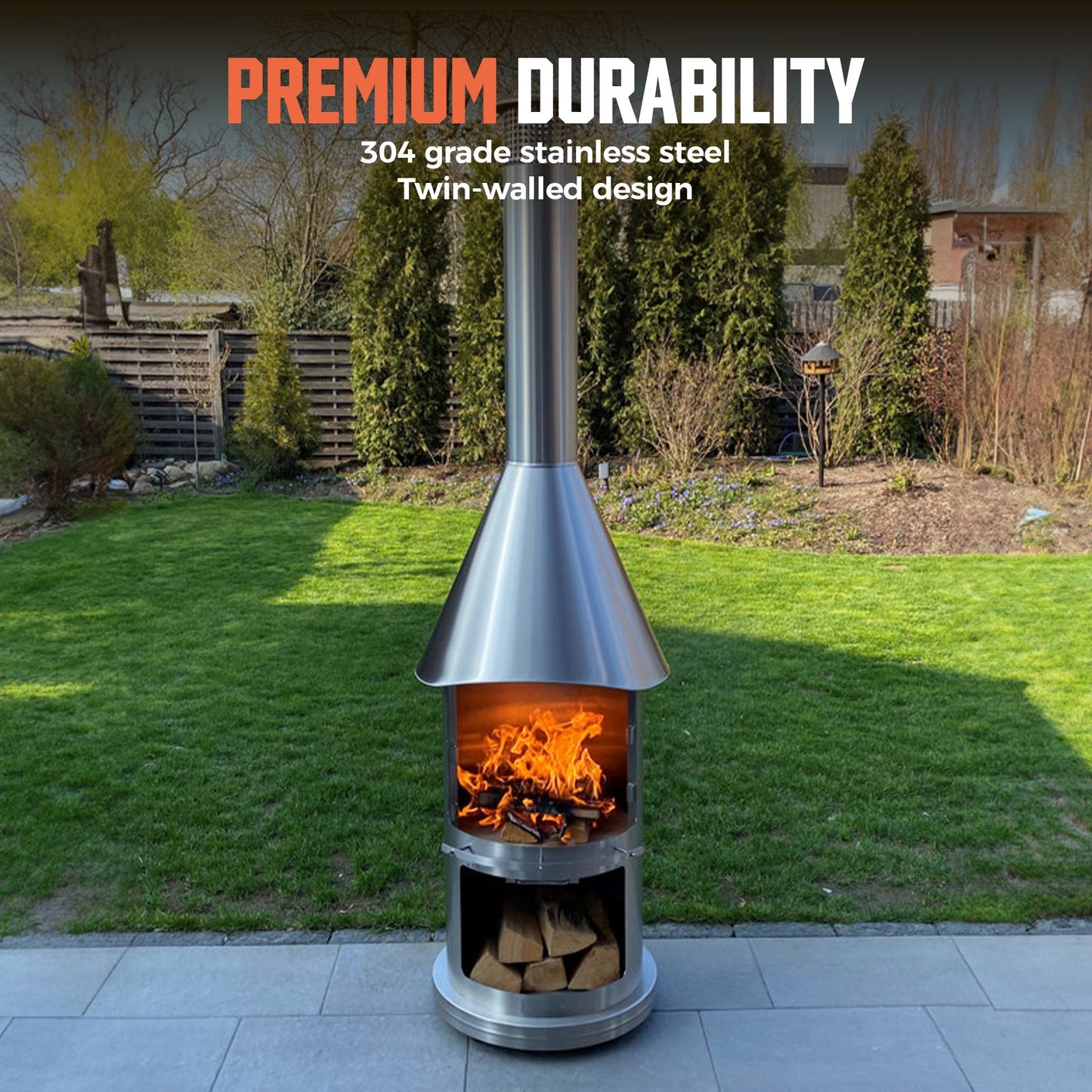 Twin-Walled Stainless Steel Chiminea (90.6") - Wood Burning