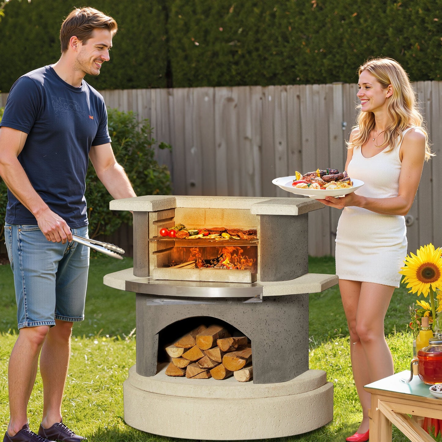 Concrete Outdoor Fireplace with Grill (36.6")
