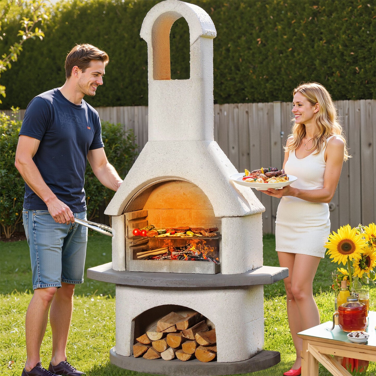 Concrete Outdoor Fireplace with Grill (79.9")