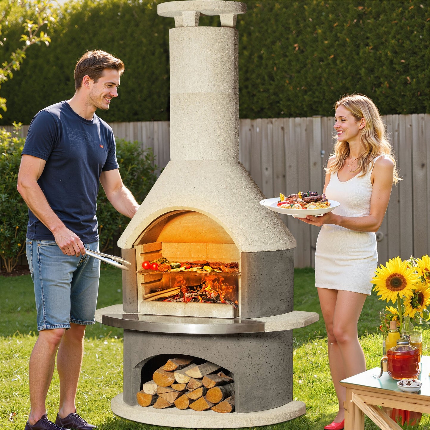 Concrete Outdoor Fireplace with Grill (81.9")