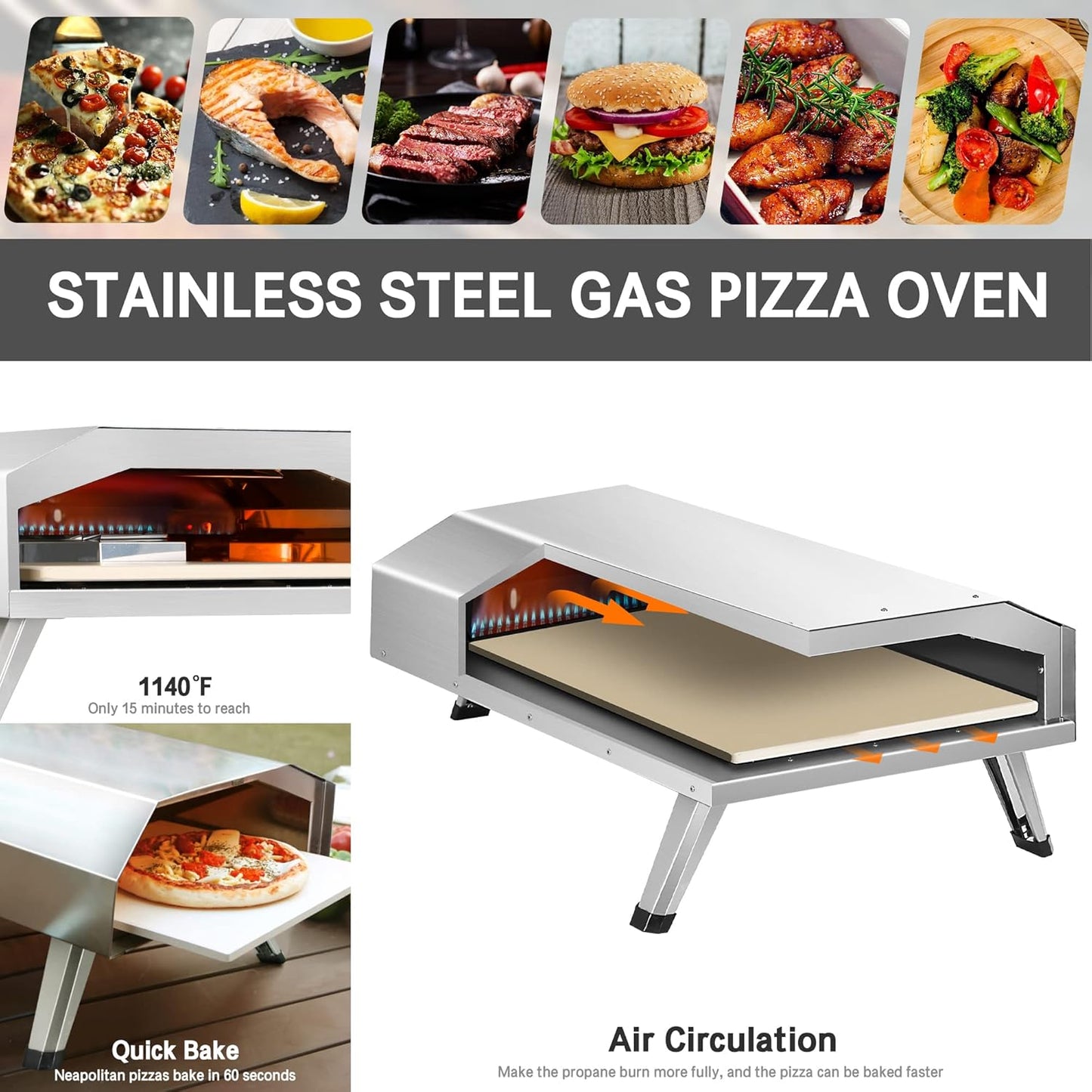 12" Portable Propane Gas Pizza Oven - Stainless Steel