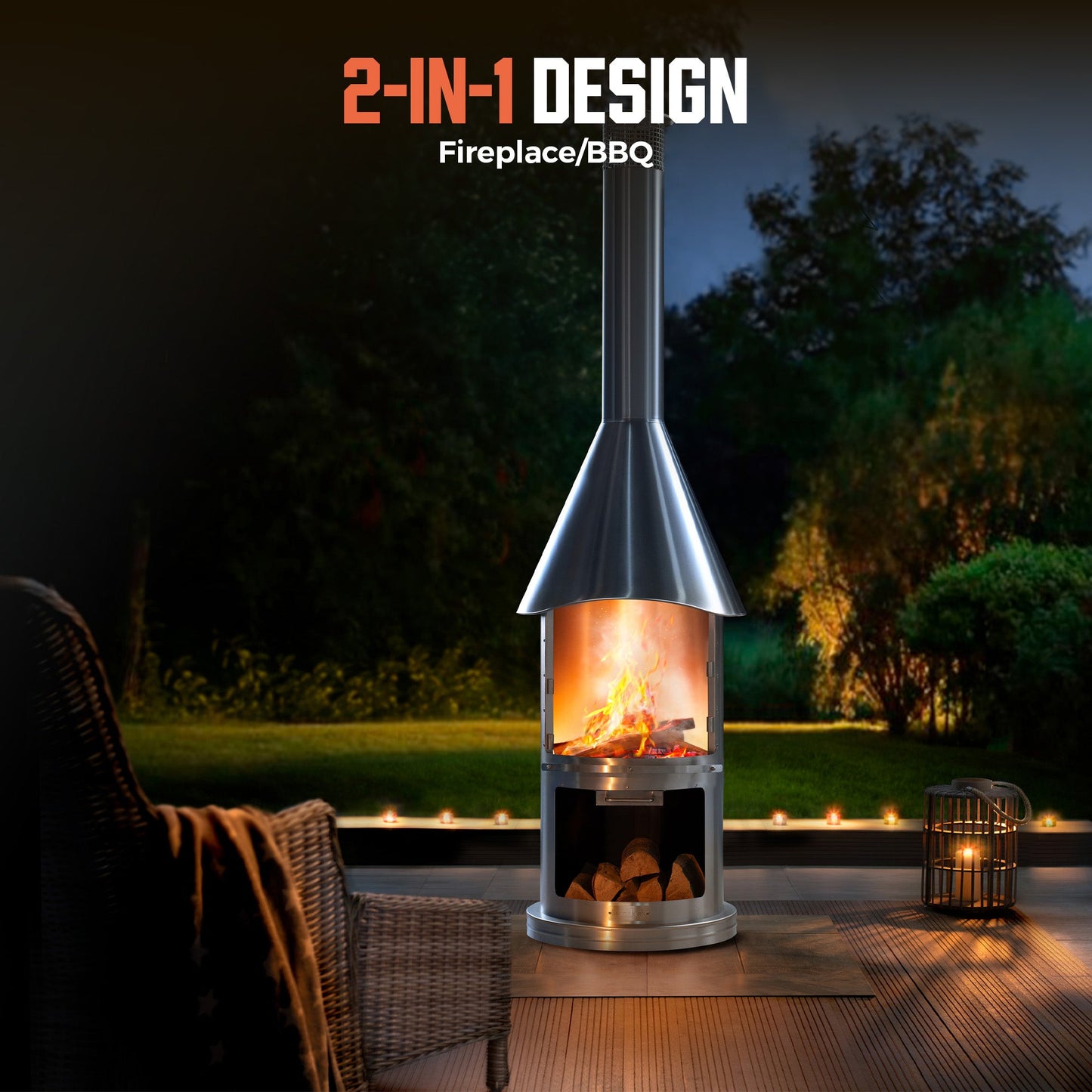 Twin-Walled Stainless Steel Chiminea (90.6") - Wood Burning